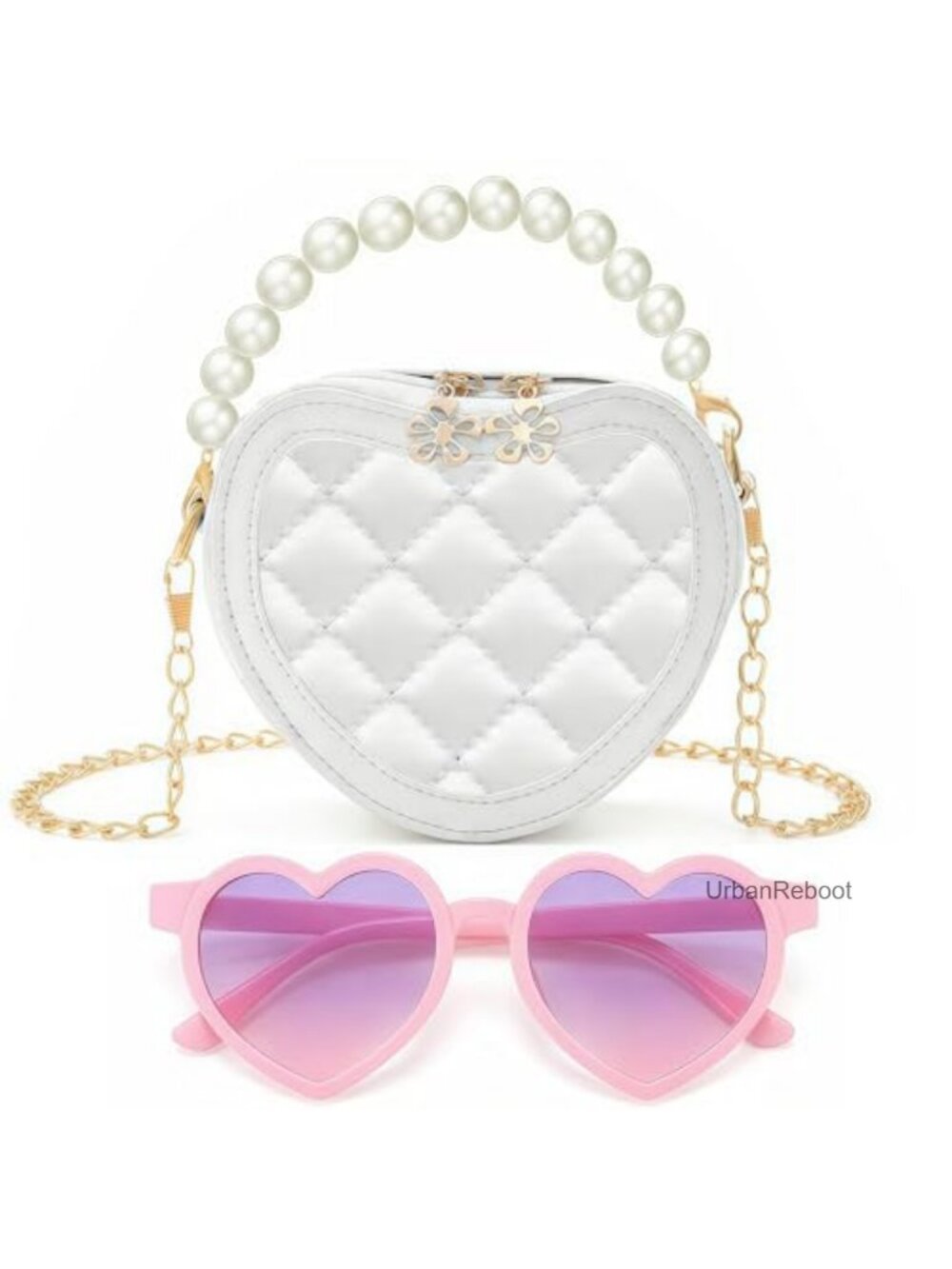 Girls Heart Crossbody Bag Quilted PU Leather Mini Purse Gold Chain Strap